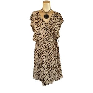 Takara Leopard Print Faux Wrap Dress XL Animal Print Flutter Sleeve